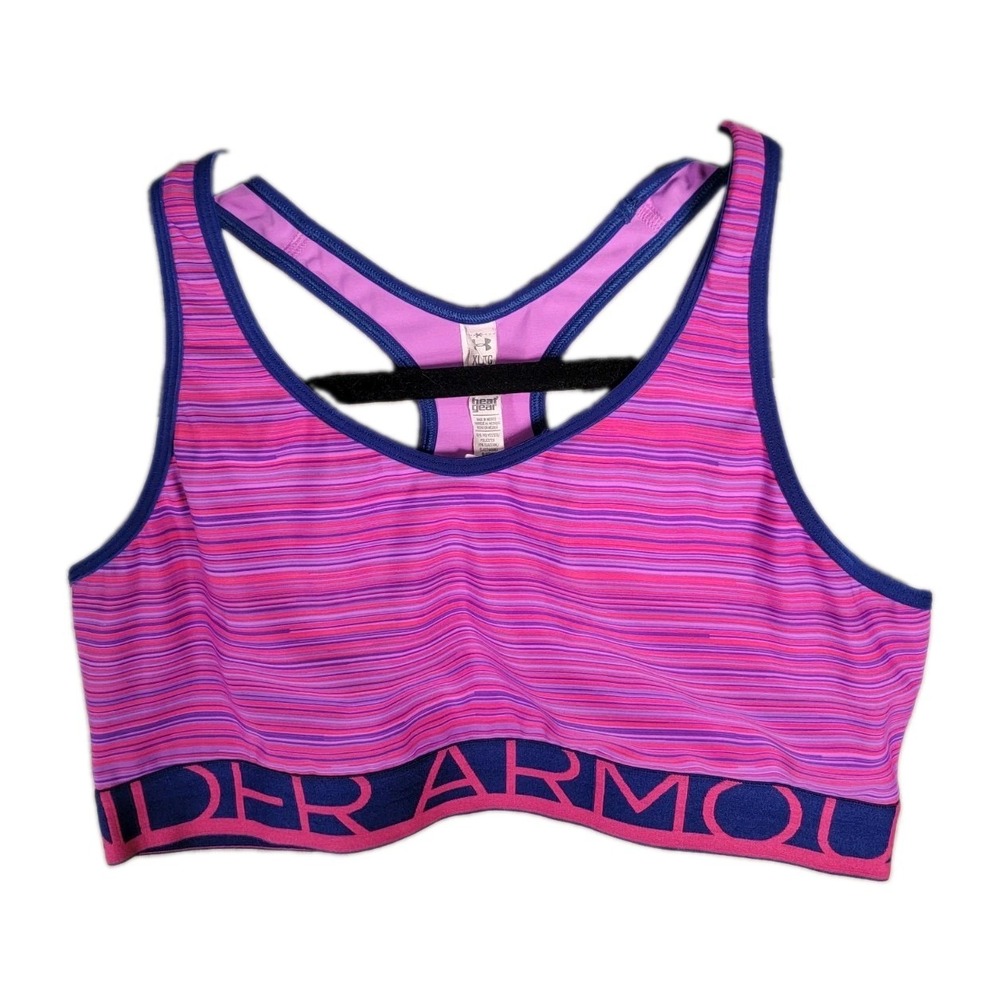 Under Armour HeatGear Sports Bra XL Pink Purple Striped Compression Racerback